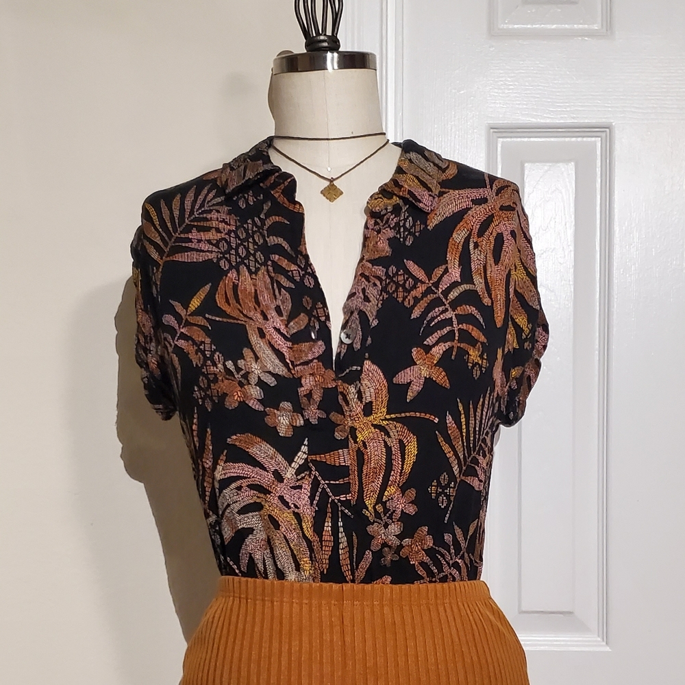 Tropical print half button up shirt